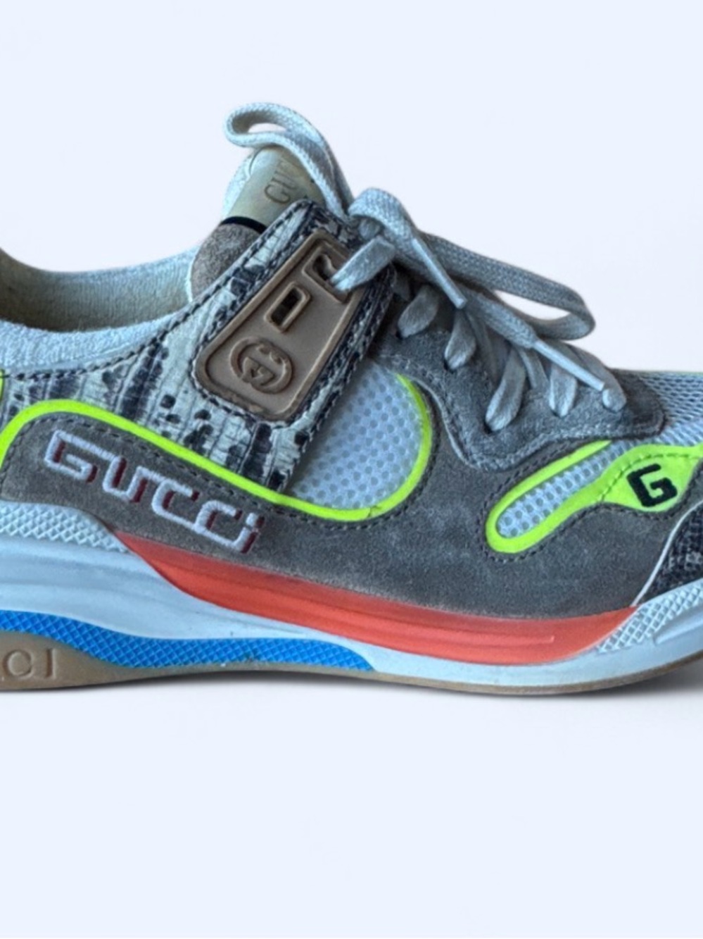 Gucci Grey Suede Sneakers with Neon Green & Orange Accents